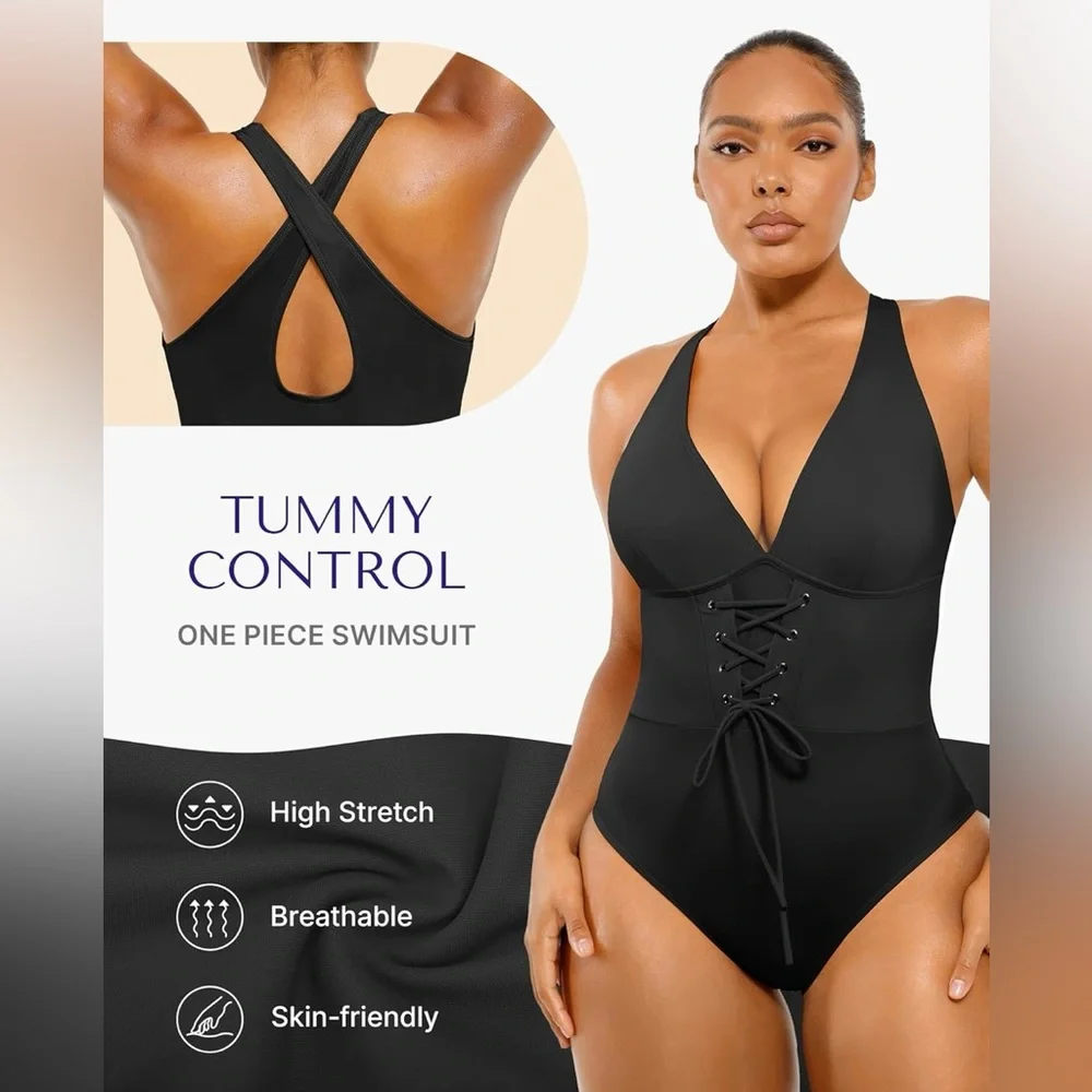 SHAPELLX Women's Slimming Swimwear Push Up V Neck Tummy Control Swim Suits Blue